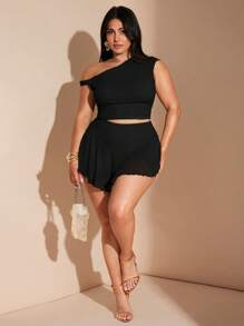 SHEIN BAE Bộ 2 áo thun nữ cổ tròn màu xanh ô liu cỡ lớn, dáng ôm, chân váy xếp ly, bộ đồ đi nghỉ - màu đen - Xem 4
