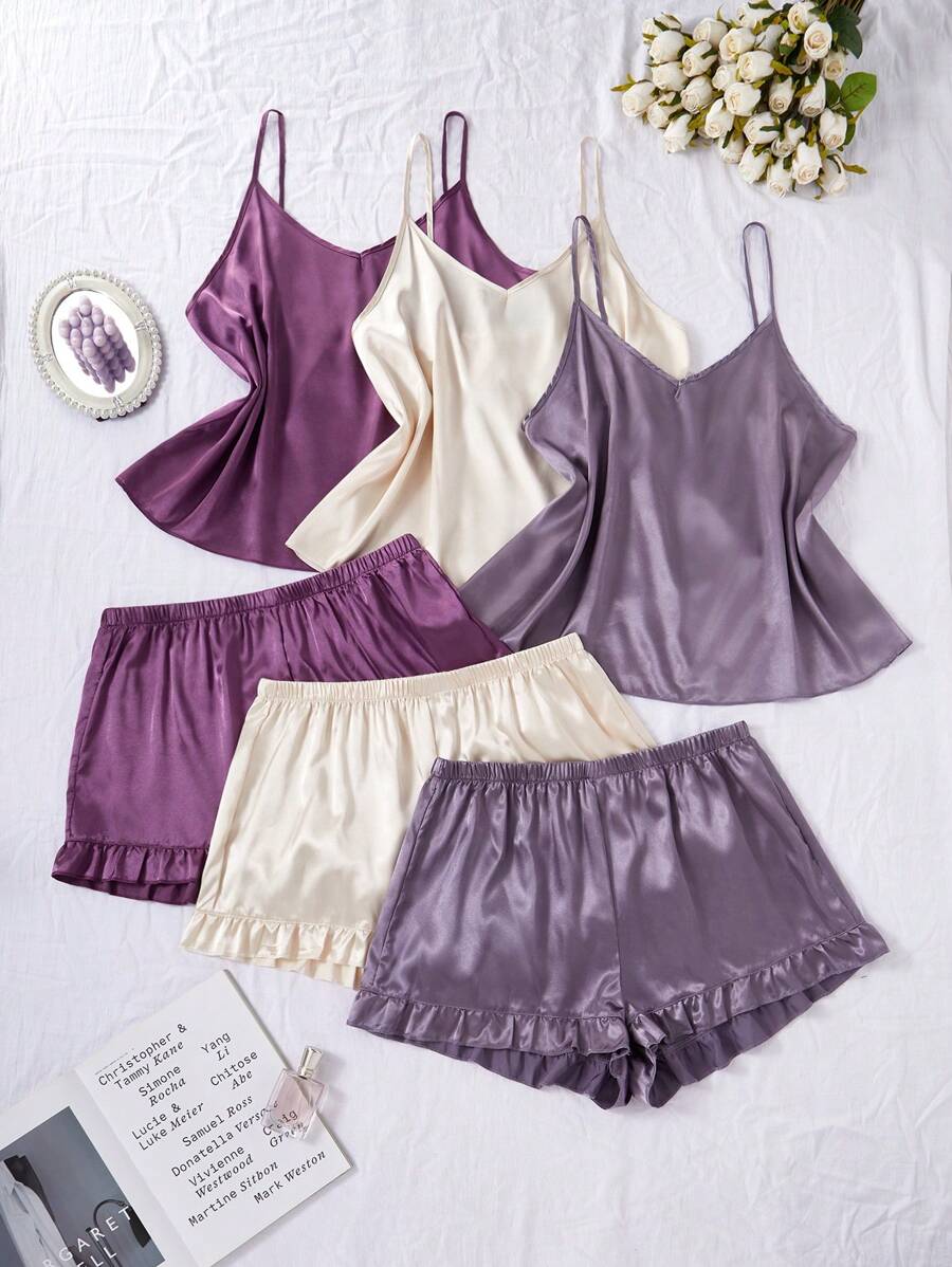 6pcs Sleepwear Set: Solid Color Faux Silk Camisole And Shorts, Plus Size - Multicolor - View 1
