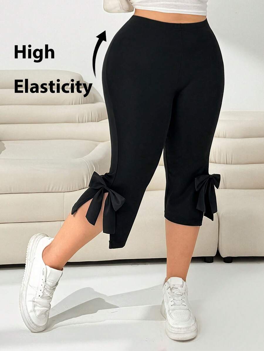 Solflare Pantalones casuales de talla grande para mujer con lazo y abertura lateral de 3/4, para primavera y verano, Día de San Valentín - Negro - Ver 1