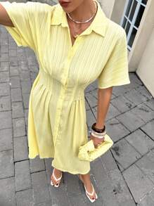 Siren Gaze Butter Yellow Summer Elegant Tea Party Dress For Women,Business Casual Button Front Shirt Dress,Lemon Mid-Length Vacation Birthday Midi Dress - Light Yellow - View 3
