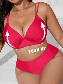 SHEIN Swim Curve 大尺碼女款兩件式高腰素色抓皺硬杯鋼圈泳衣套裝，可調節肩帶，優雅時尚性感休閒，適合夏季海灘度假假期風格 - 西瓜粉 - 查看 1