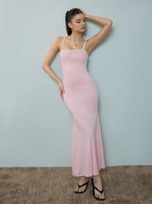 SHEIN MOD Pink Contrast Trim Back Graphic Decorated Fish Tail Dress - Pink - View 5
