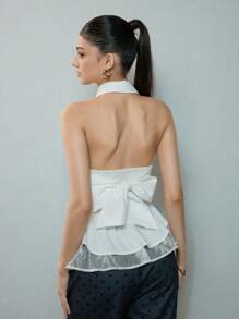 SHEIN MOD Blusa elegante con aplicaciones de encaje, cuello y lazo, color blanco - Blanco - Ver 2