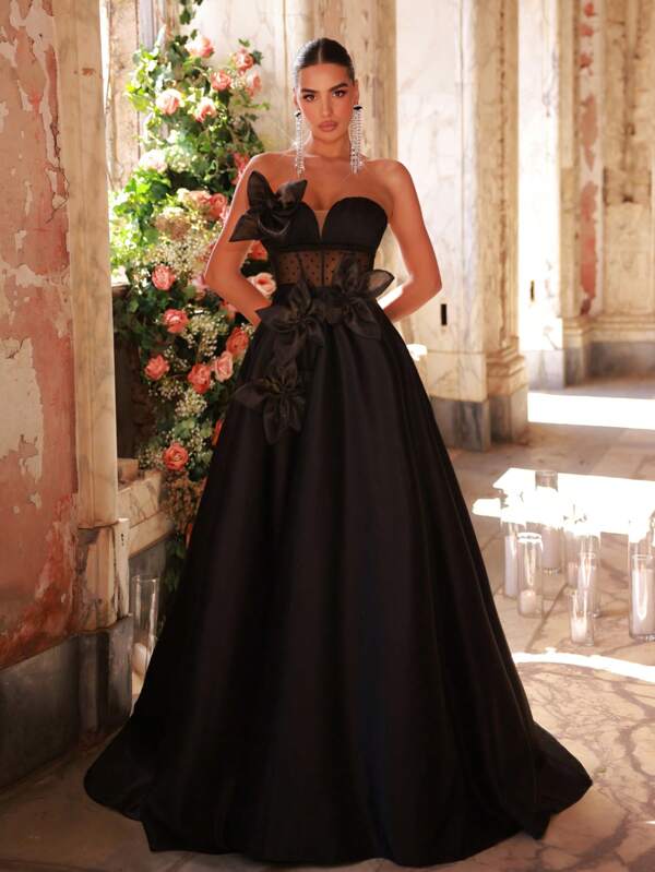 Glamrae Rochie elegantă și romantică, neagră, cu buline, din plasă, lucrată manual, cu trifoi cu patru foi, flori tridimensionale, cu tub, pliuri, transparentă, potrivită pentru întâlniri, petreceri, cocktailuri, dansuri, nunți, ceremonii de absolvire, ocazii formale. Rochie de seară (model de lucru intens), rochie de petrecere, rochie de seară, pentru invitați la nuntă.