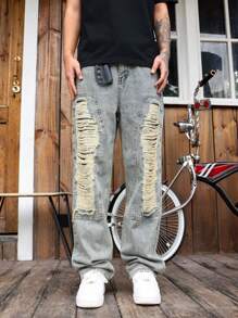 Manfinity LEGND Jeans casuales de moda de calle con bolsillos desgastados de unicolor para hombre