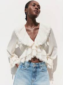 Maija 女士修身短款白色T恤，饰有铆钉孔眼元素，简约时尚基础休闲风，秋季仙气圣诞荷叶边夏季上衣，沙特国庆节派对沙滩派对上衣 - 白色 - 查看 2