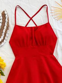 Soleia Abito mini sexy a tinta rossa con incrocio sulla schiena, taglie comode