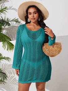 Swim Lushoire Plus Size Women Hollow-Out Short Backless Lace-Up Flare Sleeve Fitted Knit Dress, Beach Cover Up For Summer Beach Vacation