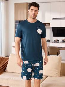 SHEIN 可爱卡通绵羊印花休闲圆领短袖短裤男士睡衣套装 - 藏蓝色 - 查看 3