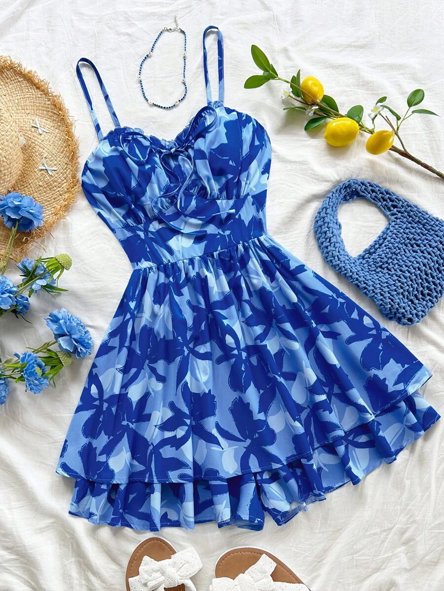 Soleia 女式花卉印花无袖 V 领荷叶边腰修身连体裤，蓝色轮廓花朵图案，非常适合度假、派对、约会、下午茶、海滩 - 彩色 - 查看 1