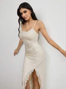 Modelyn Women Elegant Solid Color Lace Slit Camisole Dress - Apricot - View 8