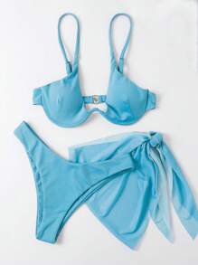 Swim Vcay 女款素色性感比基尼三件套，包含泳衣與罩衫裙，附鋼圈，夏季海灘適用 - 淺藍色 - 查看 4