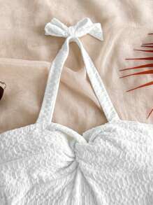 SHEIN Tween Girl Vacation Mini Dress With Elastic Ruched Bust, Tie Neck, Bowknot, And Tiered Ruched, Can Wear Inner Or Outer,Summer Dresses ,Solid White Dress - White - View 3