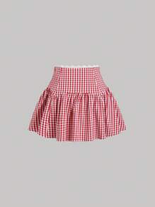 Sweetra Set de 2 piezas: Top bandeau con estampado de cuadros y encaje, y falda de talle alto - Rojo - Ver 3