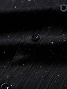 OTTIMOZO 2 piezas Conjunto de camisa de manga corta casual de verano y pantalones cortos para hombres, camisa con rhinestones, ropa de resort para hombres, conjunto de vacaciones negro, vestimenta de verano para hombres, camisa negra casual de manga corta para hombres - Negro - Ver 6