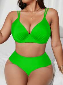 SHEIN Swim Curve Set da 2 pezzi di costumi da bagno a vita alta e triangolo con ferretto, per taglie forti, colore unito, accessorio regolabile, elegante, di moda, sexy, casual, adatto per spiaggia e vacanze
