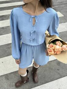 SHEIN 少女纯色圆领休闲连体裤 - 卡其色 - 查看 7