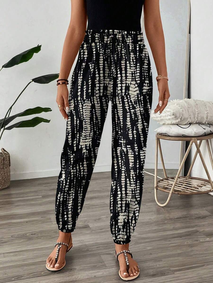 SHEIN LUNE 女士复古扎染印花弹力腰带荷叶边长裤，休闲度假裤，夏秋冬装 - 彩色 - 查看 1