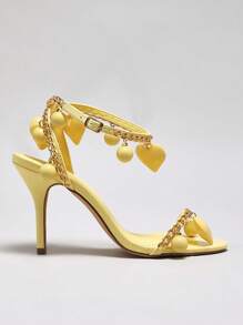 SHUZIA 女士吊坠心形装饰派对夏季度假可爱优雅女性性感漆皮黄色高跟凉鞋 - 黃色 - 查看 6