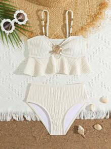 2 pièces/Set Mignon Jeune Fille Monokini Couleur Unie, Costume de Bain de Plage d'Été
