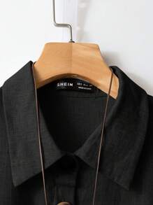 SHEIN Clasi 女士新款时尚优雅两件套，包括短袖衬衫和背心裙，舒适的亚麻质感夏季休闲装 - 黑色 - 查看 3