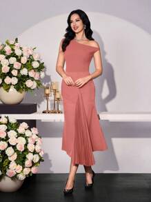 Modelyn Elegant Romantic Asymmetrical Shoulder Pleat Patchwork Dress For Women, Spring/Summer - Dusty Pink - View 6
