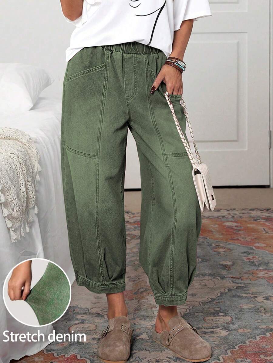 EMERY ROSE Women Casual Elastic Waist Slant Pocket Ankle-Length Jeans - Green - View 1