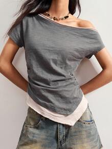 Bohemela Áo thun nữ tay ngắn dệt kim vá vai chéo viền bất đối xứng - Xám - Xem 8