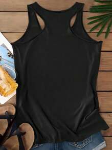 SHEIN LUNE Damen Große Größen lässiges minimalistisches Sonne & Mond Folienprint Träger Top, geeignet für den Sommer - Schwarz - Übersicht 2