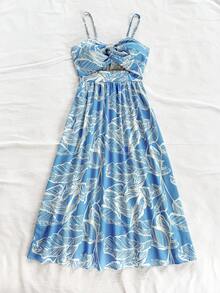 Soleia WYWH Resort 女士热带树叶印花海滩扭纹细肩带黄色连衣裙 - 藍白色 - 查看 6