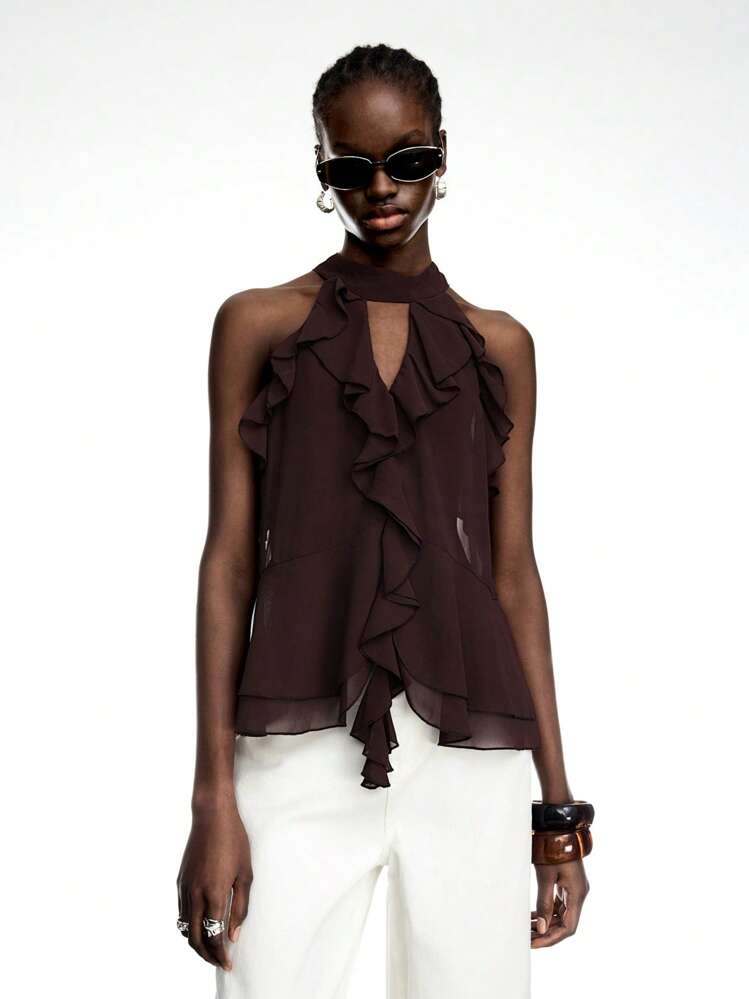 LYSMO New Olive Green Ruffle Tie Back Chiffon Blouse - Bohemian