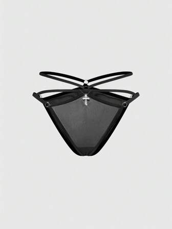 Goth Tanga de mujer de talla grande con detalles de cruz góticos y malla en estilo punk oscuro
