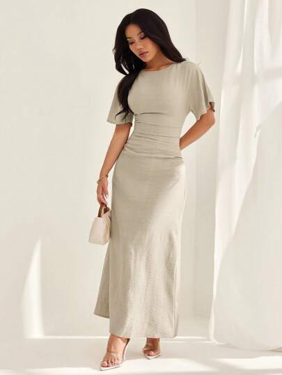 SHEIN PETITE Women's Summer Solid Color Linen Blend Casual Elegant Dress,