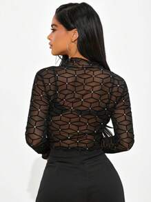 SHEIN SXY Mock Neck Glitter Dot Geo Mesh Top Without Bra