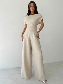 SHEIN PETITE CURVE 大码女装夏季新款优雅休闲亚麻宽松露肩上衣和阔腿裤套装 - 杏色 - 查看 8