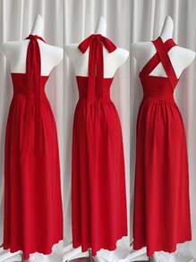 Rafferiza 女式红色波西米亚风浪漫优雅婚礼宾客毕业生日礼服晚装海滩太阳裙西方服装演唱会服装假日旅行 V 领 2025 春夏新款宽松休闲吊带随机免费肩带原创设计多层荷叶边蝴蝶结长款连衣裙 - 紅色 - 查看 2