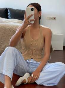 Livesso 女士大号U领前蝴蝶结吊带露脐上衣，学院风短款上衣，外出度假上衣