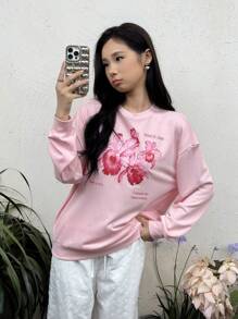 SHEIN Loose Casual Minimalist Comfy Round Neck Floral Graphic Sweatshirt, For Teen Girl,In Fall/Winter - Pink - View 3