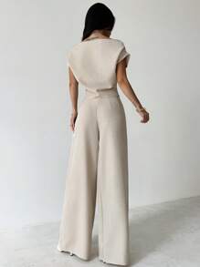 SHEIN PETITE CURVE 大码女装夏季新款优雅休闲亚麻宽松露肩上衣和阔腿裤套装 - 杏色 - 查看 2