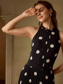 MOTF PREMIUM POLKA DOT PRINT PLEATED LONG DRESS - Black - View 5