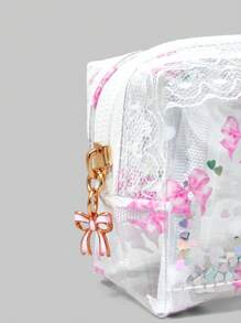 ROMWE Kawaii 透明 PVC 亮片粉色圆点蝴蝶结印花小巧便携化妆品收纳盒铅笔袋 - 彩色 - 查看 5