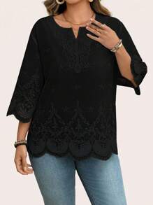 SHEIN LUNE 大码纯色简约短袖衬衫，休闲日常穿着 - 黑色 - 查看 5