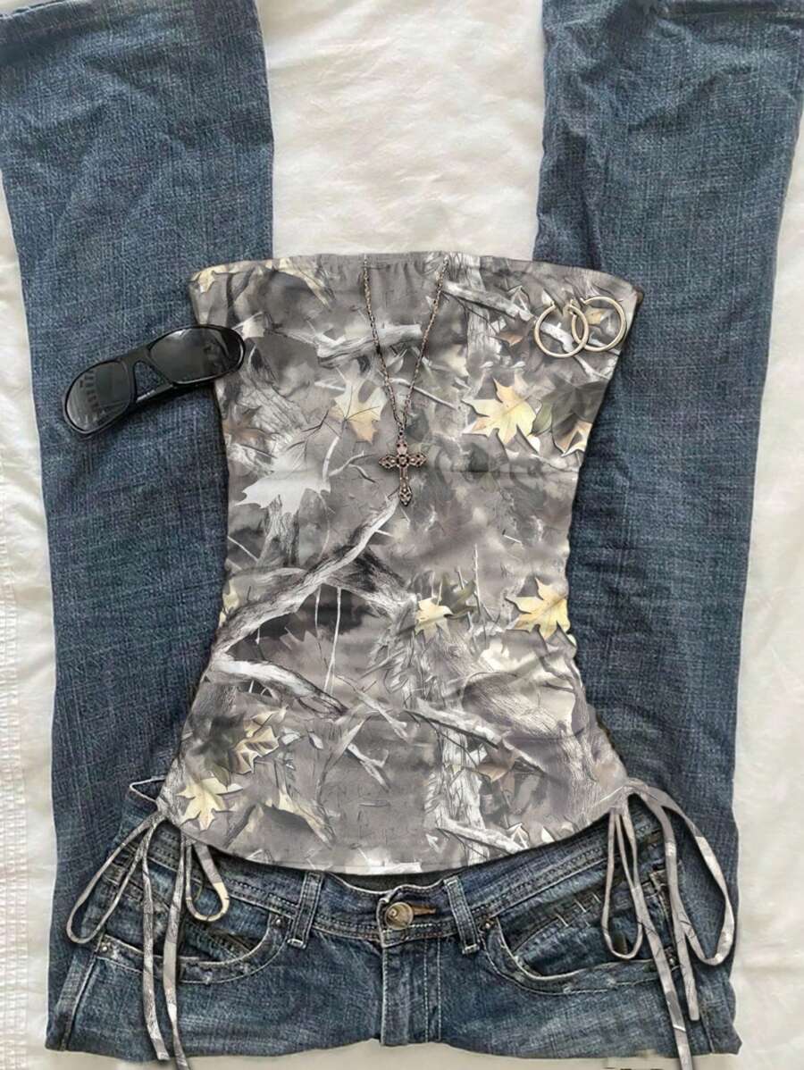 Attitoon 女士褶饰干叶和树枝印花衬衫迷彩抹胸西部风女装乡村音乐节西部夏季牛仔竞技表演返校哥特风 - 彩色 - 查看 1