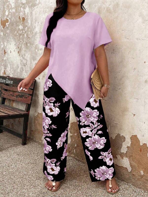 EMERY ROSE 2pcs Plus Size Asymmetric Hem Round Neck Short Sleeve Top And Floral Print Loose Pants Outfit Set