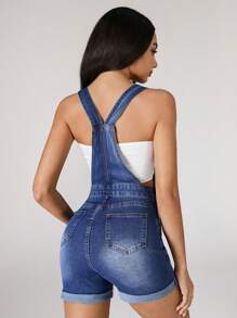 SHEIN ICON 女式卷边无袖双排扣休闲牛仔连体裤 - 深色水洗藍 - 查看 2
