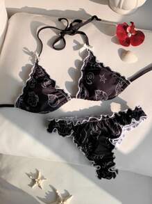 Comfortcana Women's Summer Beach Wear Shell Print Halter Bikini Set, Suitable For Holiday Wear - Black - View 3