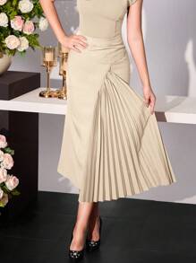 Modelyn 女式不对称肩部褶饰拼接优雅浪漫连衣裙，春夏 - 米色 - 查看 5