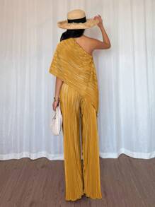 Elenzga Bộ áo và quần viền bất đối xứng màu trơn - Màu vàng - Xem 2