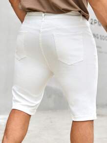 Manfinity Homme Men's Solid Color Ripped Pocket Casual Denim Shorts, Summer Men S Ripped Shorts Distressed Shorts Men - White - View 2
