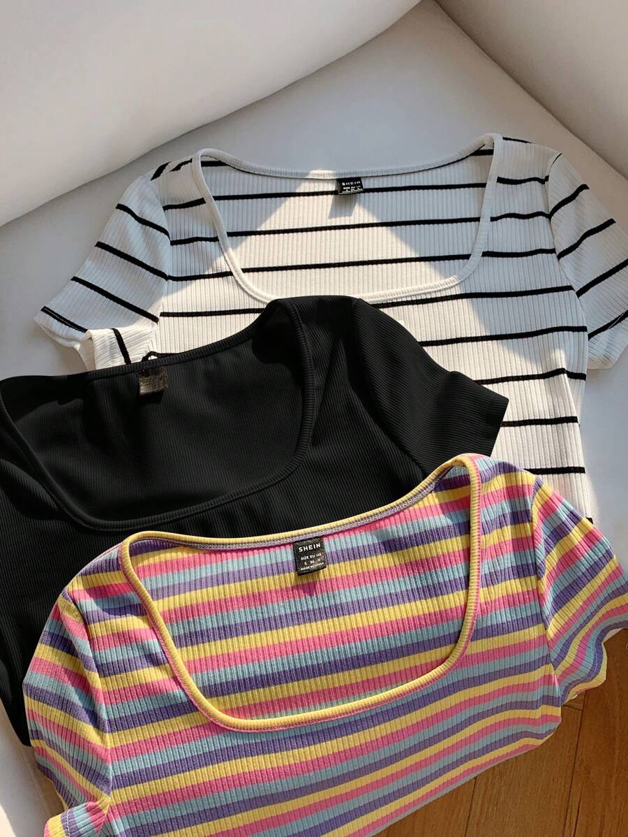 Comfortcana 大码 3 件套彩色条纹短袖方领休闲 T 恤，返校上衣，夏季上衣 - 彩色 - 查看 1